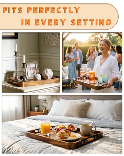 OurMiao 22" x 15.75" Acacia Wood Serving Tray with Metal Handles & Rounded Corners, Large Rectangular Wooden Ottoman Tray for Coffee Table, Living Room, Kitchen, Food Serving