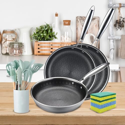 Vivicreate Tri-Ply Stainless Steel Frying Pan Set, 19 Piece Nonstick Skillet Cookware Set with 3 Fry Pans 9.5 10.25 11 Inch, Induction Compatible, Kitchen Utensils Included