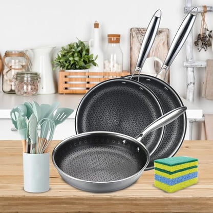 Vivicreate Tri-Ply Stainless Steel Frying Pan Set, 19 Piece Nonstick Skillet Cookware Set with 3 Fry Pans 9.5 10.25 11 Inch, Induction Compatible, Kitchen Utensils Included