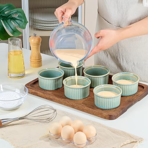 NUTRIUPS 6oz Ceramic Ramekins Set of 6, Vintage Souffle Dishes - Oven Safe Small Baking Bowls for Pudding, Creme Brulee & Custard (Vintage Green, 6 OZ)