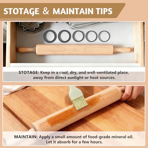 Long Adjustable Wood Rolling Pin: 21.1 Inch Rolling Pin with Thickness Rings and Measurement - Wooden Dough Roller for Baking Pastry Pizza Pie Crust Tortillas Cookie Bread - Bakers Baking Lovers