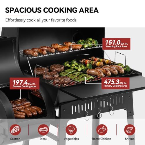 Grills House CC1831F Barrel Charcoal Grill with Offset Smoker Black