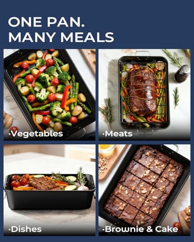 Armorbear Turkey Roasting Pan with Rack Non stick Carbon Steel Roaster 16x11 Inch, Dishwasher Safe, Deep Baking Broiler Pan for Oven Chicken, Bacon, Black