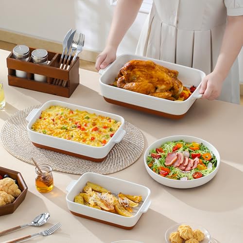MALACASA Casserole Dishes for Oven with Roasting Racks, Ceramic Baking Dishes Set of 3, Baking Pan Casserole Dish Set, Rectangular Lasagna Pan Deep with Handles for Baking, Khaki White (14.5''/13''/10.5''), Series TARA