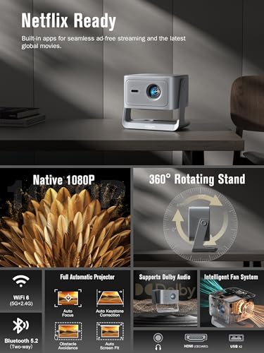 【2200ANSI & Officially-Licensed APP】Smart 4K Projector with WiFi and Bluetooth, VISSPL 3D Dolby Audio and Auto Focus Portable Outdoor Projector, Movie Home Theater Proyector with 360° Adjustable Stand