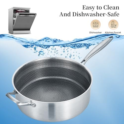 LOLYKITCH 12 Inch Deep Frying Pan with Lid, Nonstick 5QT Tri-Ply Stainless Steel Sauté Pan with Ceramic Coating, PFOA & PFOS Free, Induction Cooking Skillet, Dishwasher and Oven Safe