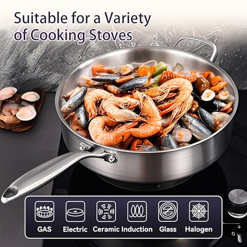 LOLYKITCH 5 Quarts Tri-Ply Stainless Steel Sauté Pan wih Lid, 12 Inch Deep Frying Pan,Jumbo Cooker,Induction Cooking Pan,Dishwasher and Oven Safe,Detachable Handle.