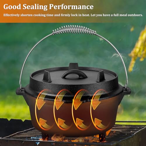 7QT Dutch Oven Camping with Lid Lifter, Leonyo 2 in 1 Cast Iron Dutch Oven for Outdoor Camping, Heavy Duty & Pre-Seasoned Deep Pot for Sourdough Bread Baking, Campfire Cooking