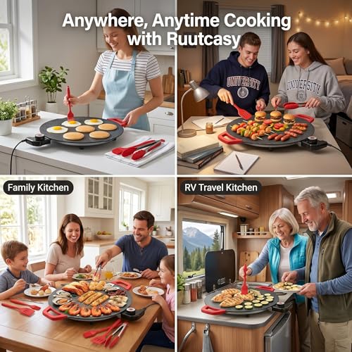 Electric Indoor Grill Nonstick, 14” Round Electric Griddle with Adjustable Temperature Control,for Pan Searing Steaks, Breakfast, BBQ & Family Meals, Bonus Spatula,Oil Brush & Food Tongs