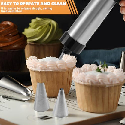 Churro Maker Machine - Stainless Steel Churros Gun Kit, 3-In-1 Multifunctional Cookie Press Gun with Piping Bag, 8 Piping Nozzles and 16 Cookie Discs for Making Churro, Cookie and Cake DIY
