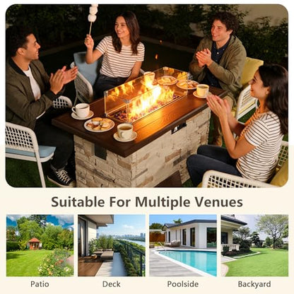 PIZZELLO 7 Pieces Patio Furniture Set w/ 43" Gas Fire Pit Table and 6 Patio Swivel Dining Chairs, Outdoor Conversation Set 50,000 BTU Propane Fire Pit Patio Chairs Set of 6 for Backyard