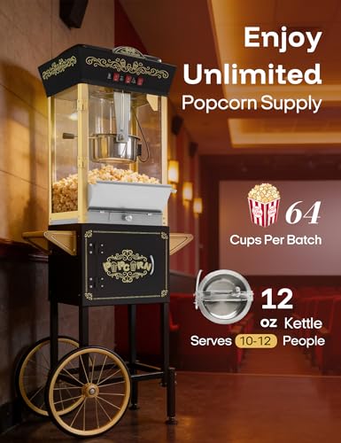 PopBria Popcorn Machine with Cart, 12oz Retro Popcorn Maker with Warming Deck, Movie Theater Style Popcorn Machine for Home Theater, Parties and Large Batches, Black and Gold