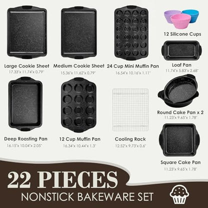 Baking Pans Set Nonstick, Bakeware Sets Stackable with Silicone Handles, AIVIKI 22 Pieces Oven Pan for Cooking Including Baking Cookie Sheet with Rack, Roast Pan, Cake Pan, Loaf Pan, Muffin Pan, Black