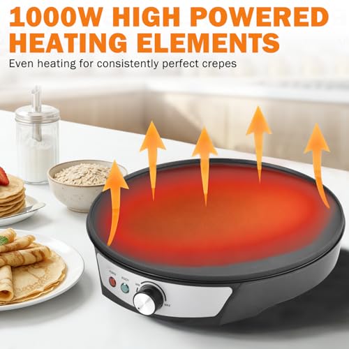 Vivicreate 12 Inch Electric Crepe Maker Nonstick Crepe Pan Griddle with Adjustable Temperature Control LED Indicator Lights Batter Spreader and Wooden Spatula for Pancakes Roti Tortillas Blintzes