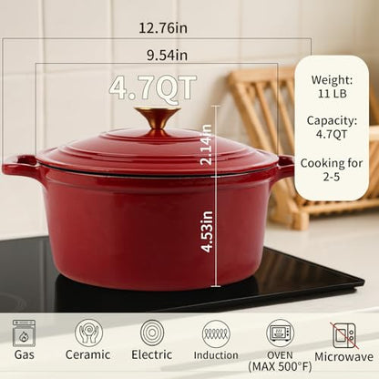 Tastedeli Enamel Cast Iron Dutch Oven with Lid, Round Casserole Pot for Bread Baking, Braising, Roasting, and Stews, Heavy-Duty, Oven Safe, Induction Compatible (4.7QT,Red)