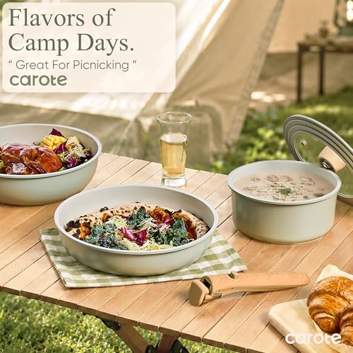 CAROTE Pots and Pans Set, Nonstick Cookware Set Detachable Handle, 19pcs Induction Kitchen Cookware Sets Non Stick with Removable Handle, RV Cookware Set, Oven Safe, Sage Green