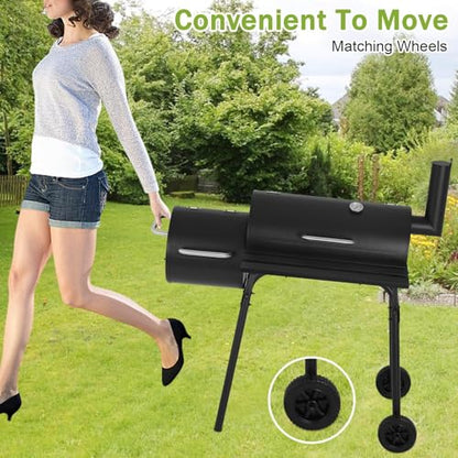 BLKMTY 43" Charcoal Grills Outdoor BBQ Grill with Offset Smoker Camping Portable Grill Camping Barbecue Grills with Side Fire Box for 6-10 People Patio Backyard Picnic BBQ, Black