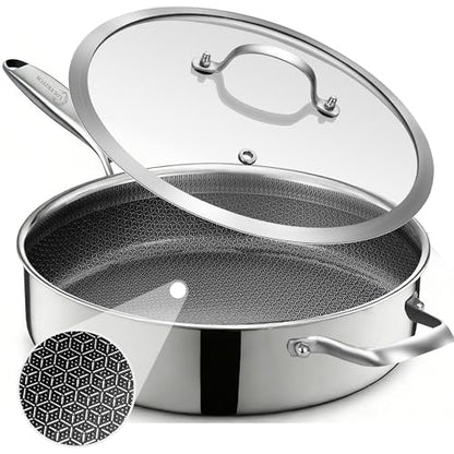 LOLYKITCH 12 Inch Deep Frying Pan with Lid, Nonstick 5QT Tri-Ply Stainless Steel Sauté Pan with Ceramic Coating, PFOA & PFOS Free, Induction Cooking Skillet, Dishwasher and Oven Safe