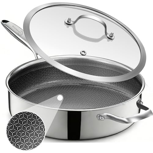 LOLYKITCH 12 Inch Deep Frying Pan with Lid, Nonstick 5QT Tri-Ply Stainless Steel Sauté Pan with Ceramic Coating, PFOA & PFOS Free, Induction Cooking Skillet, Dishwasher and Oven Safe