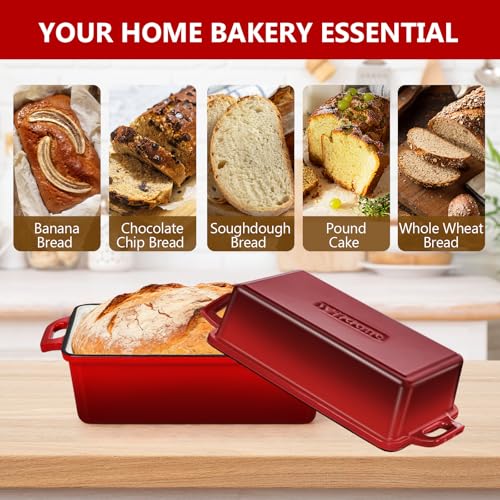 Wildone Enameled Cast Iron Bread Loaf Pan with Lid, 9x5 Sourdough Baking Pans for Homemade Bread, Cake, Meatloaf, Even Heating Bread Pans, 2-Piece Set, Red