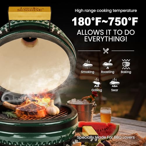 Upgraded 13 inch Ceramic Kamado Grill with Waterproof Air Vent Cap | Portable Tabletop Charcoal BBQ Grill Smoker for Outdoor Cooking, Patio, Camping | Green