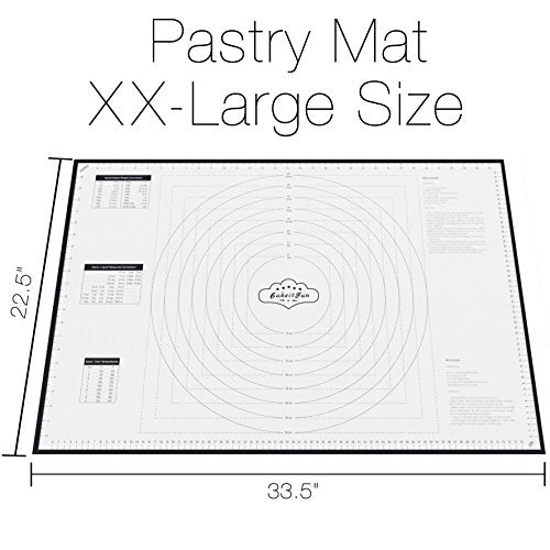 BakeitFun XX-Large Silicone Pastry Mat 33.5 x 22.5 in nonstick surface with inch and cm guides, concentric circles, conversion charts, BPA free, heat safe to 450°F, dishwasher safe