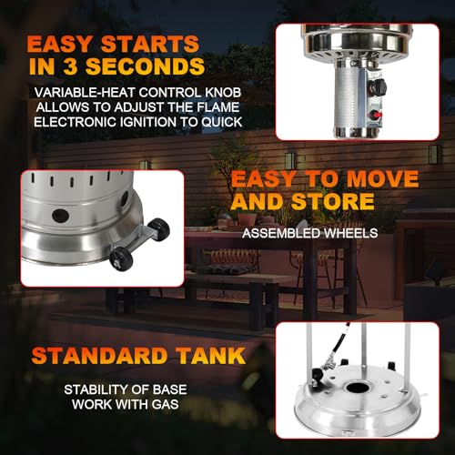 INWAY Outdoor Heater, 48,000 BTU， Outdoor Propane Patio Heater with Wheels and Cover, Stainless Steel Burner for Outdoor Use,Party,Backyard,Garden