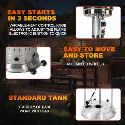 INWAY Outdoor Heater, 48,000 BTU， Outdoor Propane Patio Heater with Wheels and Cover, Stainless Steel Burner for Outdoor Use,Party,Backyard,Garden