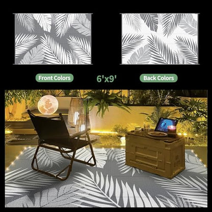 GENIMO Outdoor Rug 6' x 9' Waterproof for Patios Clearance, Reversible Outdoor Plastic Straw Camping Rug Carpet with LED String Light, Area Rugs Mats for RV, Camper, Deck, Balcony, Porch, Grey&White