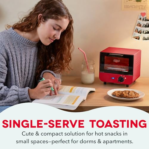 Dash Mini Toaster Oven | Small Toaster Oven for Dorms, Apartments, & Small Kitchens, Adjustable Timer Dial with Auto Shutoff, Removable Cooking Tray & Crumb Catch, Red