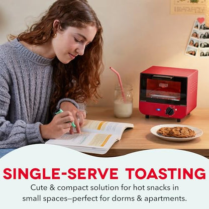 Dash Mini Toaster Oven | Small Toaster Oven for Dorms, Apartments, & Small Kitchens, Adjustable Timer Dial with Auto Shutoff, Removable Cooking Tray & Crumb Catch, Red