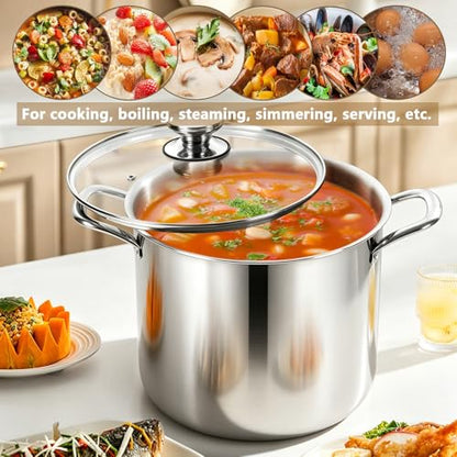 P&P CHEF 12 Quart Tri-Ply Stainless Steel Stockpot, Stock Pot with Visible Lid for Soup Pasta Vegetable, Induction Cooking Pot for All Stoves, Sturdy & Double Handle, Dishwasher Safe