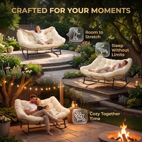 NICESOUL Oversized Double Rocking Papasan Chair with Thick Cushion, 2 Person Big Wicker Outdoor Comfy Recliner, Extra Large Heavy Duty Egg Loveseat for Patio, Balcony, Backyard, Garden, Beige