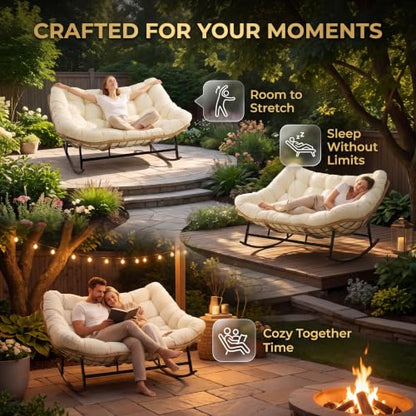 NICESOUL Oversized Double Rocking Papasan Chair with Thick Cushion, 2 Person Big Wicker Outdoor Comfy Recliner, Extra Large Heavy Duty Egg Loveseat for Patio, Balcony, Backyard, Garden, Beige