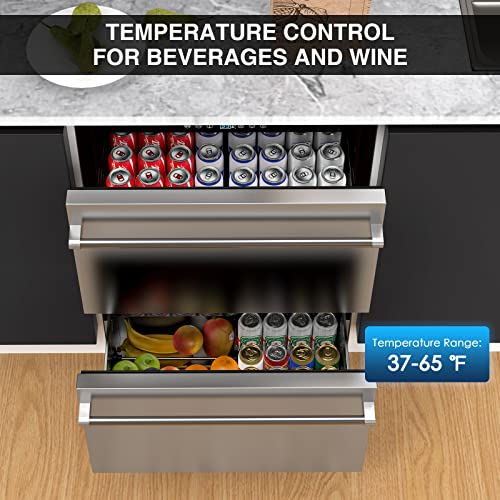 Mojgar 24" Under Counter Beverage Refrigerator, Indoor/Outdoor Fridge with Double Drawer Storage, Quiet 38dB Compressor & Weather-Proof Stainless Steel – Beverage Fridge for Home, Patios, Restaurants