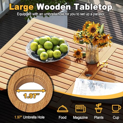 Tangkula 4 Piece Patio Dining Furniture Set, Outdoor Dining Chair Set for 4 w/Acacia Wood & Metal Frame, Umbrella Hole, 1 Table, 2 Armchairs, 1 Bench for Lawn, Garden, Backyard, Porch