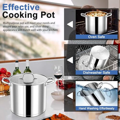 P&P CHEF 12 QT Stock Pot with Lid, Stainless Steel Large Cooking Pot, Soup Canning Stockpot for Stewing Simmering, Tri-ply Bottom for All Stoves, Heavy-Duty &Dishwasher Safe & Food-Grade