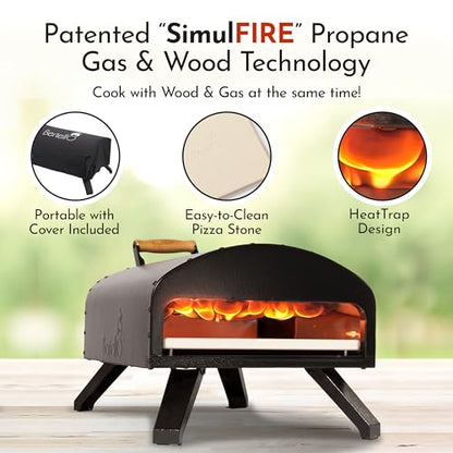 Bertello SimulFIRE Outdoor Pizza Oven Bundle - Wood Fire Portable 12 inch Brick Oven with Gas Burner, Peel, Wood Tray, Cover, & Thermometer - Portable Pizza Maker - As Seen on SHARK TANK