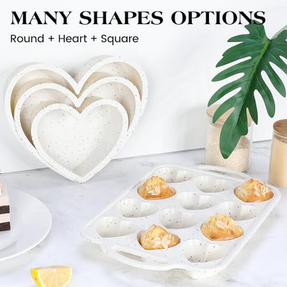 AOTASO 2 Pcs Heart Shaped Muffin Pan with Metal Reinforced Frame 12 Cup Nonstick Silicone Heart Cake Mold for Baking 2.5 Inch Cupcake Tray (Cream)