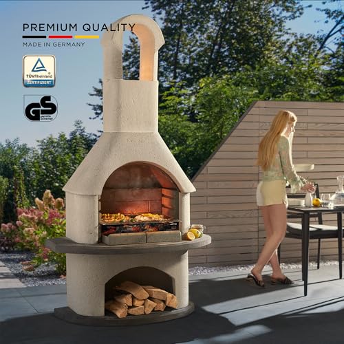 BIG HORN PRIME Concrete Outdoor Fireplace with Grill, Wood Burning Fireplace with Wood Storage and Chimney, Include Grill Rack & Charcoal Pan, 79.9”H