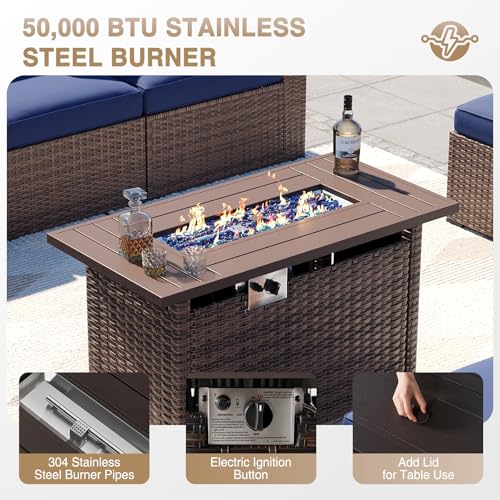 Aoxun Patio Furniture Sets, 8-Piece Outdoor Patio Furniture with 44'' Propane Gas Firepit Table, Wicker Outdoor Conversation Set Sectional Sofa for Backyard, Poolside, Garden