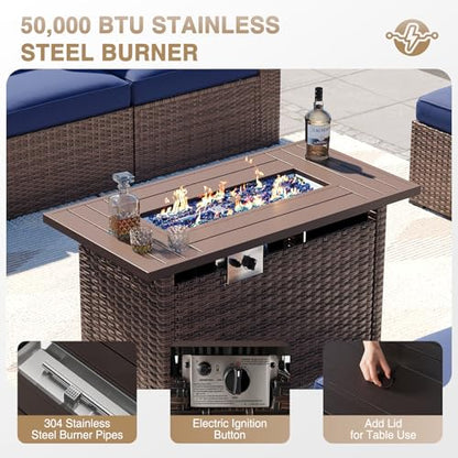 Aoxun Patio Furniture Sets, 8-Piece Outdoor Patio Furniture with 44'' Propane Gas Firepit Table, Wicker Outdoor Conversation Set Sectional Sofa for Backyard, Poolside, Garden