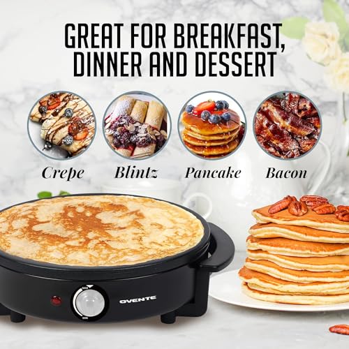 OVENTE 12-Inch Electric Crepe Maker & Griddle – Nonstick Hot Plate with Adjustable Temperature, LED Indicator, Batter Spreader & Spatula, Black CRM1122B