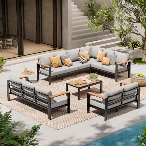 ComfCove Outdoor Aluminum Patio Furniture Set 11 Seats, Patio Sectional Corner Couch Set with Washable Thick Cushions & Coffee Table, Patio Conversation Sets for Porch, Backyard, Garden, Deck, Gray