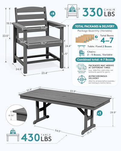 SERWALL 9 Piece Outdoor Dining Set, 84" HDPE Outdoor Table and Chairs for 8，All Weather Patio Furniture Set with Umbrella Hole for Backyard, Garden, Gray