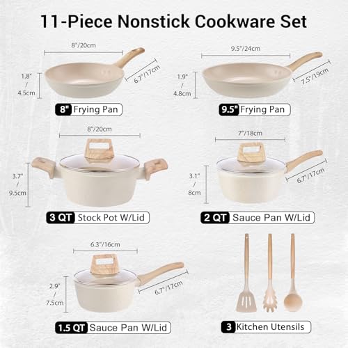 M MELENTA Pots and Pans Set Non Stick, 11pcs Ceramic Cookware Set, Non Toxic Induction Kitchen Cookware Sets, Nonstick Cooking Set with Stay Cool Handle, 100% PFOA Free, Cream