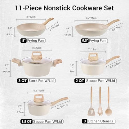 M MELENTA Pots and Pans Set Non Stick, 11pcs Ceramic Cookware Set, Non Toxic Induction Kitchen Cookware Sets, Nonstick Cooking Set with Stay Cool Handle, 100% PFOA Free, Cream