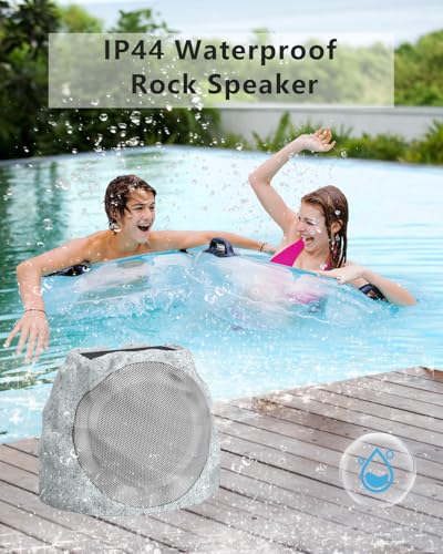 JMJEAN Outdoor Speakers Bluetooth Waterproof Patio TWS Connection Outdoor Bluetooth Speakers Wireless Solar Powered and Rechargeable Rock Speaker for Patio Pool,Backyard (Gray, 2 Pack)