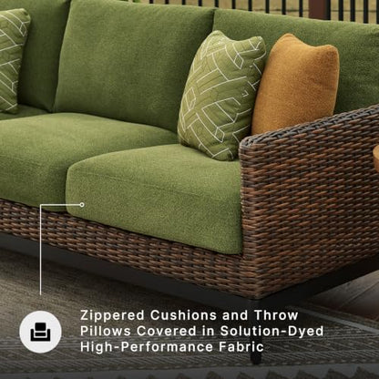 Signature Design by Ashley Horizon Hall Casual Outdoor Sofa with Cushions, Rust-Resistant Aluminum Frame, Handwoven Resin Wicker 3-Seat Patio Couch for Deck or Sunroom, Green & Dark Brown, 88" W
