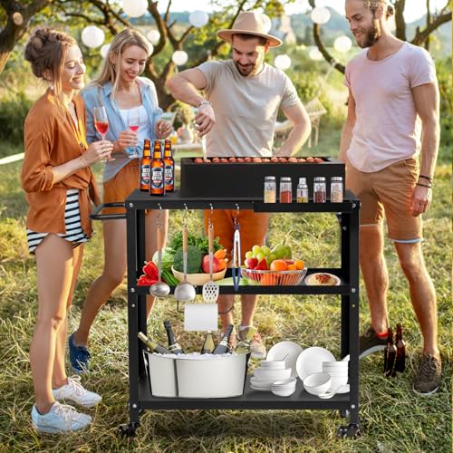 GVGBUK Outdoor Grill Cart Table,Indoor and Outdoor Pizza Oven Table,with 4 Movable Total Lock Casters, Hooks, Side Handle Multifunctional (Black) (Black)